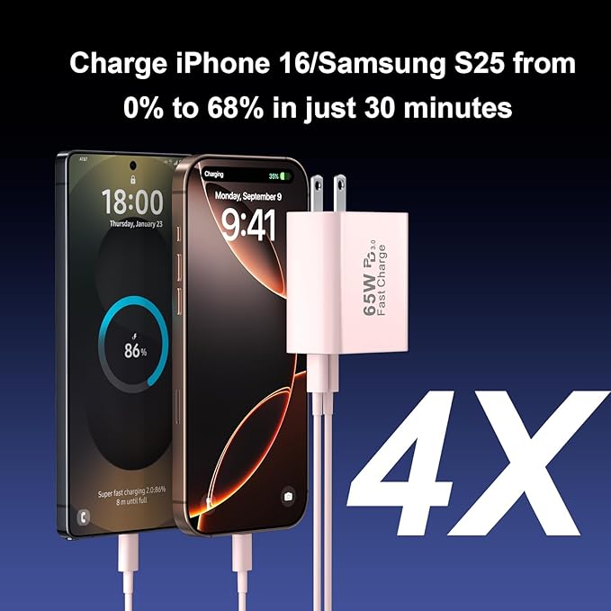 USB C Charger Block, 65W GaN 6 Port USB C Fast Wall Charger 30W Type C Charging Blocks, 3USB C+3USB A PPS/PD 3.0 Multiport Charging Cube for iPhone 16 15 14 13 Pro Max,for Galaxy S25 S24,2 Pack,Pink
