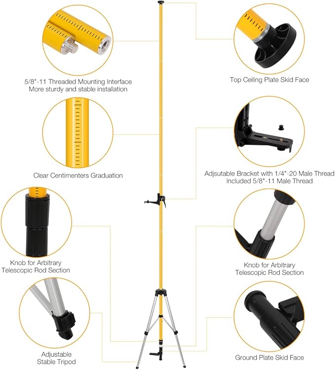 MOETER 13.8 Ft/4.2M Telescoping Laser Level Pole with Tripod - Adjustable Laser Level Stand for Rotary and Line Laser Level, Includes 1/4"-20 Mount & 5/8"-11 Adapter