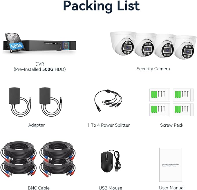 5MP Lite Security Camera System with 500G Hard Drive, 4 Channel AHD TVI DVR Recorder, 4pcs HD Indoor Outdoor Wired Surveillance CCTV Dome Cameras, Smart Motion Detection, Night Vision