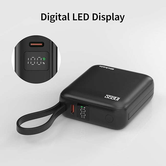 Hichain Small Portable Charger with Built in Cables LED Display, Mini Power Bank 10000mAh 22.5W USB-C Fast Charging Battery Pack, Travel Essential Power Bank for iPhone, iPad, Samsung, Android (Black)