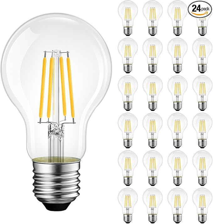 LVWIT A19 LED Vintage LED Filament Bulb E26 Base Dimmable 7W (60W Equivalent)，2700K Warm White 800 Lumens，Omnidirectional, UL-Listed, 24PCS