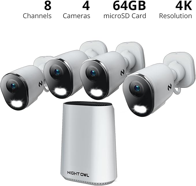 Night Owl 8 Channel Wi-Fi Video Home Security Hub with (4) Plug-in Wi-Fi 4K HD Indoor/Outdoor Spotlight Cameras with 2-Way Audio and 64GB microSD Card (Expandable up to 8 Cameras)
