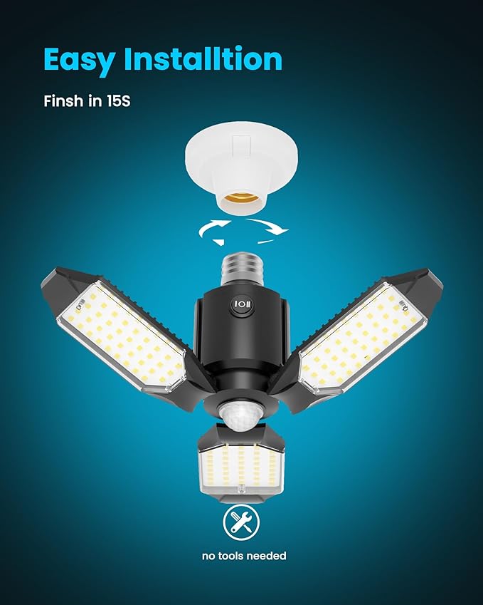 Motion Sensor Garage Lights 8000LM, Deformable Motion Activated LED Garage Ceiling Light Bulbs, 3 Modes & 360° Detection, Sensor Lights Bulb Indoor for Workshop/Barn 2-Pack