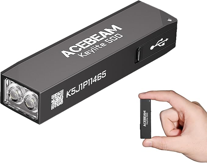 ACEBEAM Keylite 500 High Lumens Keychain Flashlight Rechargeable, Ultra-Compact Flat Pocket EDC Flashlight with Dual LEDs, 6 Modes, Type-C Charging, Small MINI Flash Light for Emergency, Home, Outdoor
