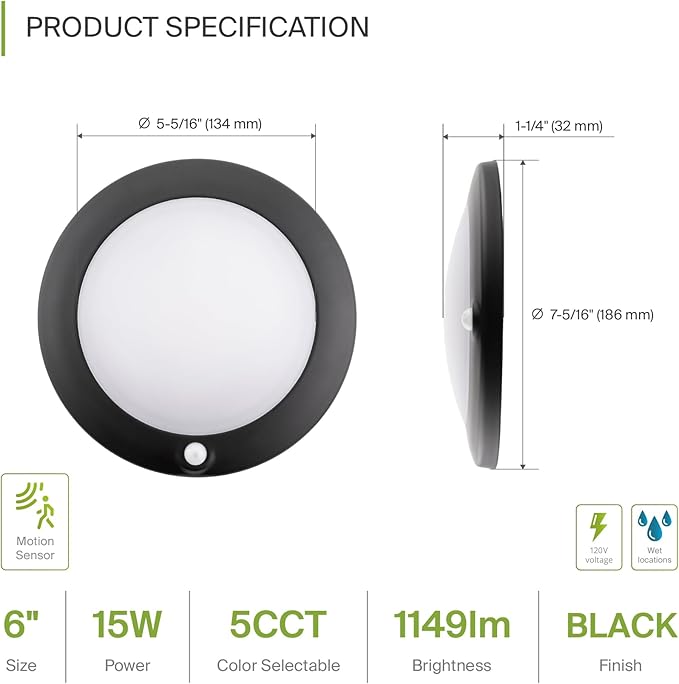 ASD 6 Pack Motion Sensor LED Disk Lights 6 Inch, 15W 5CCT 2700-5000K 1149LM CRI90+, Indoor Ceiling Flush Mount Light Fixture, Low Profile Lighting for Closet, Hallway, Pantry, Porch, Garage, Black, UL