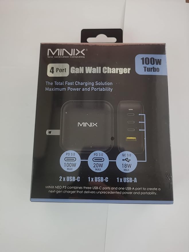 MINIX NEO P3 100W Turbo 4-Ports GaN Wall Charger, 3 x USB-C Port Fast Charging Adapter(Max 100W/20W), 1 USB-A (Max 18W). Compatible with MacBook Pro Air, iPad Pro, iPhone 14,Galaxy S9 and More.