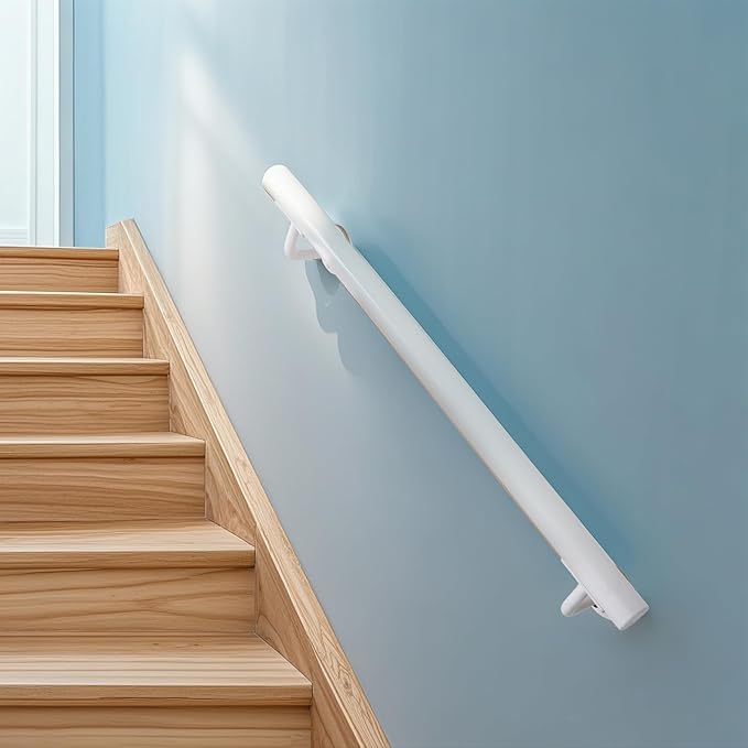 2 FT Heavy Duty White Metal Stairs Railing Indoor, Wall Mount Pipe Stair Handrail - Hand Rails for Indoor & Outdoor Steps, Banister Deck Porch Patio Railing, Wall Grab Bars for Seniors
