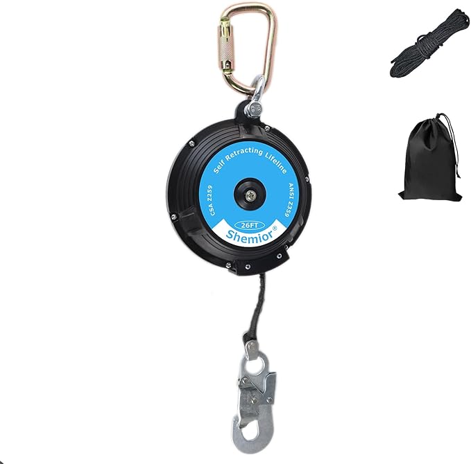 26FT Shemior Web Self Retracting Lifeline, No Tangle Lightweight Housing SRL, Self Retractable Safety Lanyard, Fall Arrest Protection PPE Gear for Roofing Construction, OSHA/ANSI Compliant