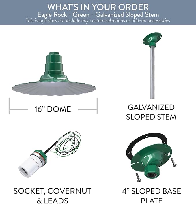 Steel Lighting Co. Eagle Rock Pendant | Ceiling Mounted Light | 16 inch Radial Wave | 12 inch Sloped Stem | Heavy Duty Steel Retro Farmhouse Style Made in America | Green Exterior/White Interior