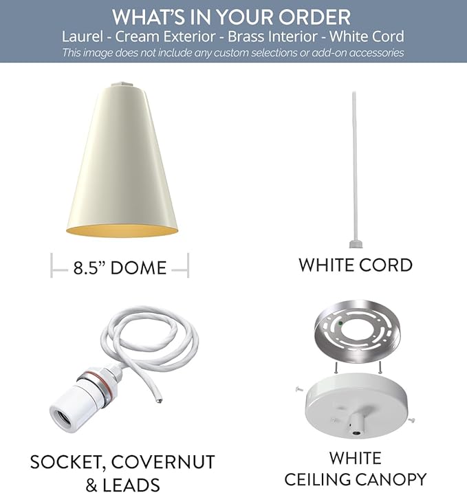 Steel Lighting Co. Laurel Pendant Light | Ceiling Mounted | 8.5 inch Cone Shade | Modern Contemporary Farmhouse Style Made in America | White Cord | Cream Exterior/Brass Interior
