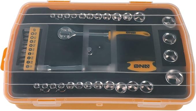 DNA MOTORING Home Repair Tool Set, Magnetic Screwdriver Socket Set, Ratchet Screwdriver Tools Set for Mechanics and DIY, w/Storage Box, Orange, TOOLS-00037