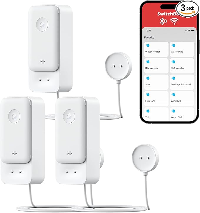 SwitchBot WiFi Water Leak Detector, Smart Water Sensor with 100dB Adjustable Alarm&App Alerts, IP67 Waterproof, Detector for Home with 3.28ft Sensing Cable, No Hub Required (Support 2.4G) (3, White)