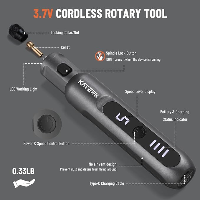 Katerk Cordless Rotary Tool Kit, 3.7V Mini Rotary Tool with 5 Speed and 70PCS Accessories, 20000RPM, USB Charging Multi-Purpose Power Tool for Engraving, Sanding, Drilling, Polishing, Cutting, Grey