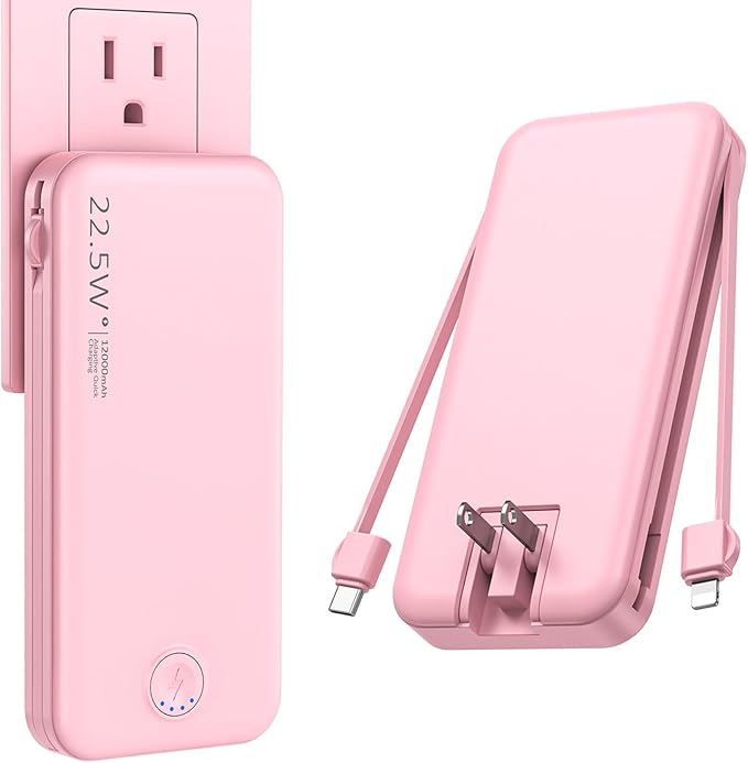 Portable Charger with Built in Cable and AC Wall Plug, USB C Power Bank 12000mAh 22.5W Super Fast Charging, Lightweight Portable Phone Charger Travel Battery Pack for iPhone, ect