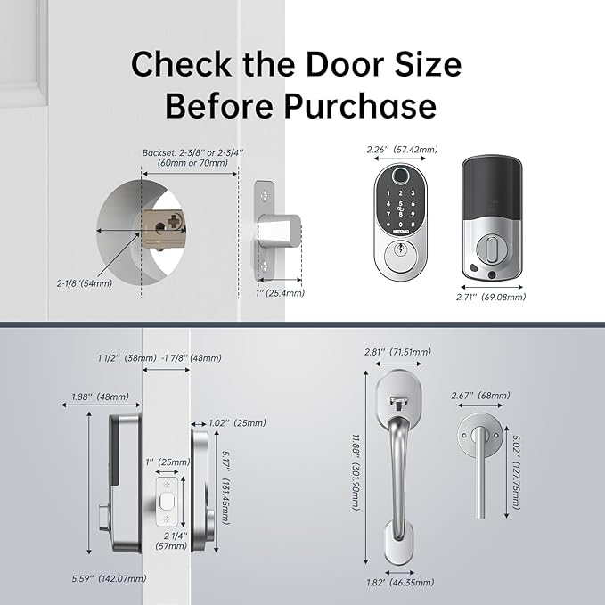 Keyless Entry Door Lock with Handle: NUTOMO Silver Fingerprint Door Lock Set,Smart Front Door Handle,Electronic Keypad Deadbolt for Front Door，Easy Installation Code Auto Lock for Home