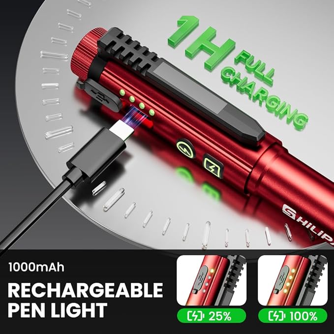 Magnetic Rechargeable Pen Light - 600 Lumen Dimmable EDC Flashlight, IPX4 Waterproof Work Light with Clip & COB LED for Mechanics, Nurses, Emergency (Red)