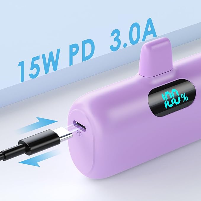 [2 Pack] Small Portable Charger for iPhone,Upgraded 5000mAh PD Fast Charging Power Bank, LCD Display Cute Mini Battery Pack Compatible with iPhone 14/14 Pro Max/13/13 Pro/12 Pro/11/XR/X/8,Blue+Purple