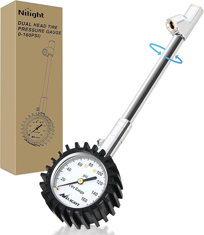 Nilight Tire Pressure Gauge 160PSI Heavy Duty Stainless Steel Dual Head Air Pressure Chucks ANSI B40.1 Certified Large 2" Dial Wheel Checker for Truck Semi Truck ATV Motorhome Cars & RV Accessories
