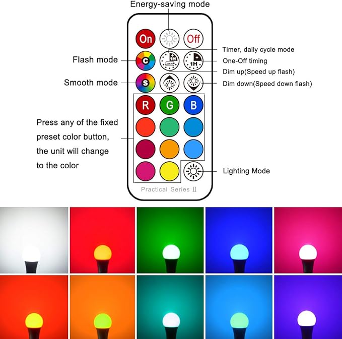 LED Light Bulbs 70W Equivalent, RGB Color Changing Light Bulb, 2 Moods/Memory/Sync/Dimmable, A19 E26 Screw Base, Timing Remote Control Included (Pack of 4)
