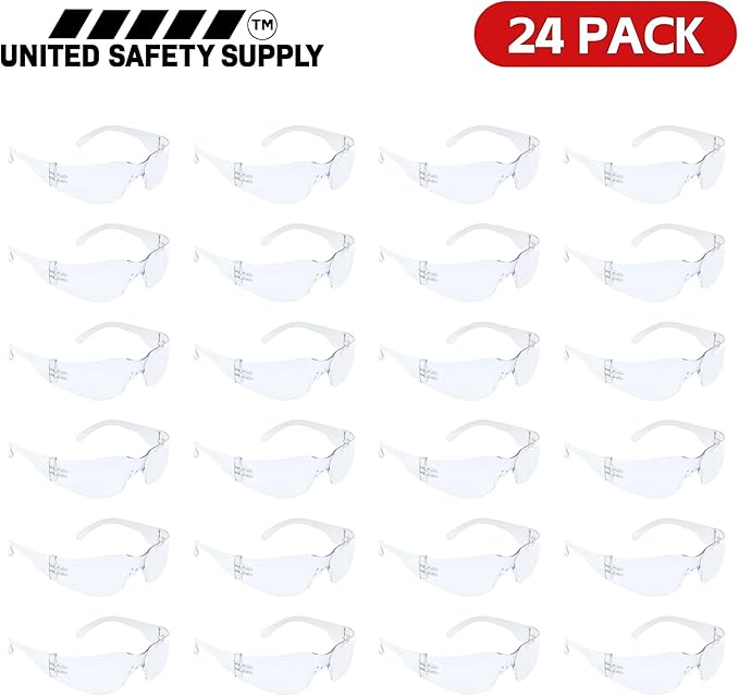 Clear Safety Glasses - Bulk 24 Pack - ANSI Z87.1 Impact Resistant Polycarbonate Lens - Protective Wrap Around Eyewear