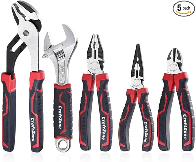 5-Piece Pliers & Wrench Set - Ideal Gift for Mechanics - Construction - Plumbing - Electrical Work - Includes 6" Long Nose & Diagonal Pliers - 8" Adjustable & Combo Wrench - 10" Groove Joint Plier