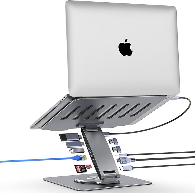 Adjustable Laptop Stand for Desk with Docking Station 11-in-1, Aluminum Laptop Riser with USB Hub 360°Swivel Dual Display 4K60Hz HDMI Gigabit Ethernet USB3.0 PD100W for MacBook Pro Air/Dell/HP 7-15.6"