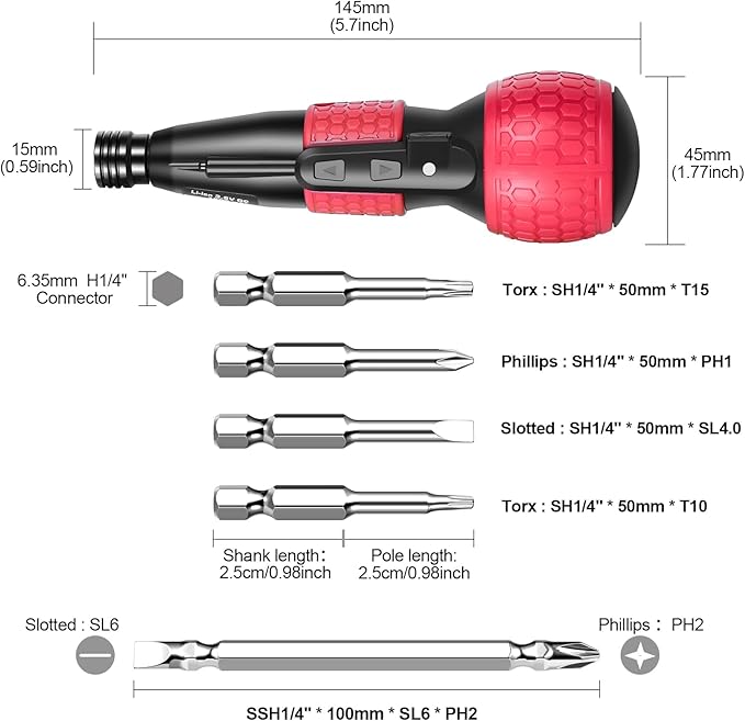 3.6V Cordless Electric Screwdriver, Portable Mini Rotary 2-in-1 Home Gadget with 3.5Nm Torque, Non-slip Handle & LED Light, 5pcs Electroplated Pearl Chrome S2 Bits, 1800mAh USB-C Rechargeable – Red