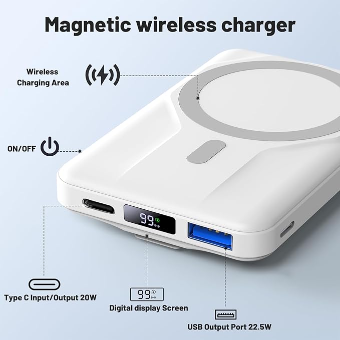 Azmuth Wireless Portable Charger with Stand, Slim 10000mAh Magnetic Power Bank for Magsafe, 22.5W Fast Charging Battery Pack with Digital Display Compatible with iPhone 16/15/14/13/12 Series