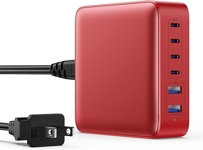 USB C Charger Block 200W,Upgraded GaN IV 6-Port USB C Charger, Fast Charging Station Hub, PD 65W Laptop Adapter Compatible with DELL HP MacBook Pro/Air/iPad, iPhone 16/15/14, Galaxy S24 etc-Red