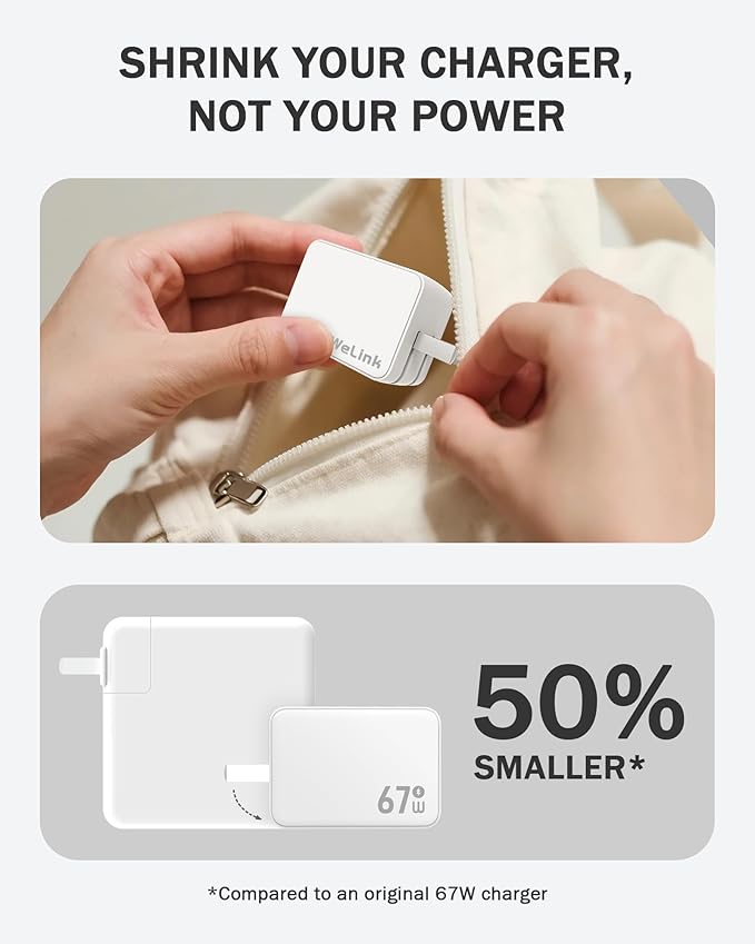 WeLink 67W USB C Charger, GaN PPS 3-Port Fast Compact Foldable USB C Charger Block for MacBook, iPad Pro, Galaxy S24, iPhone 16/15 and More