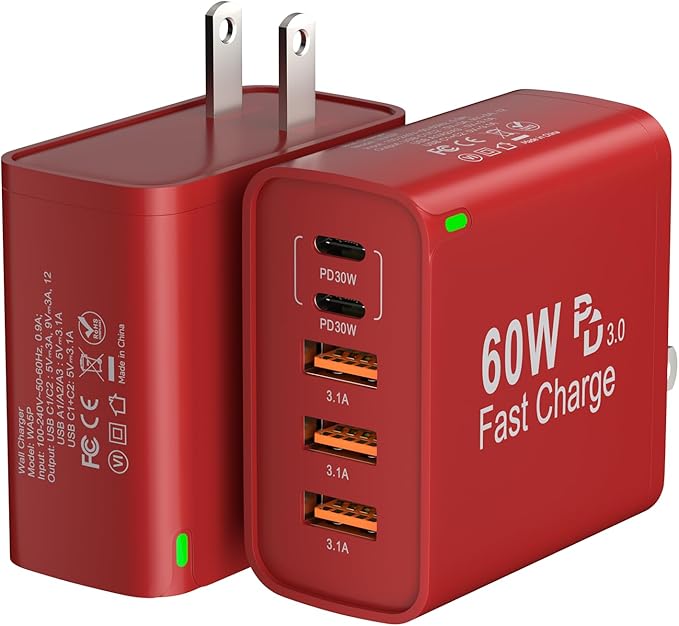 2Pack USB C Fast Charger Block, 60W 5-Port USB C Wall Charger 30W Type C Charging Block, 2USB C+3USB A PPS/PD 3.0 Multiport Charging Cube for iPhone 16 15 14 13 Pro Max,for Galaxy S25 S24 Ultra, i Pad