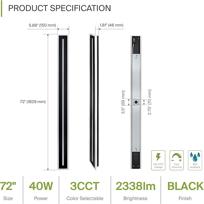 ASD LED 72" Long Wall Mount Light Fixture, Outdoor & Indoor Linear Sconce | 3CCT, Dimmable, Waterproof, Anti-Rust, ETL Listed | 40W 2330LM 3000-5000K 100-277V | Exterior Porch Lighting | Black, 2 Pack