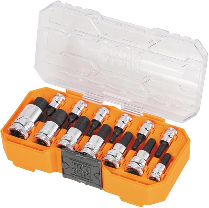 Klein Tools 65213HEX Knurled Hex Bit SAE Socket Set, 1/4, 3/8 and 1/2-Inch Drives, Premium Cr-V Steel, SAE Sizes 5/64 to 9/16-Inch, MODbox Case, 13-Piece