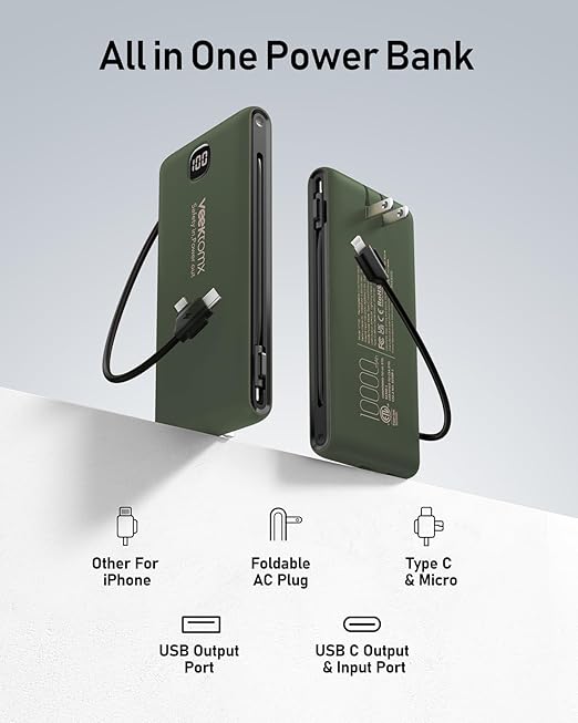 VEEKTOMX Portable Charger with Built in Cables 10000mAh, Power Bank for iPhone with Wall Plug, Travel Essential Fast Charging USB C Slim External Battery Pack for iPhone16/15/14, Samsung, iPad, etc