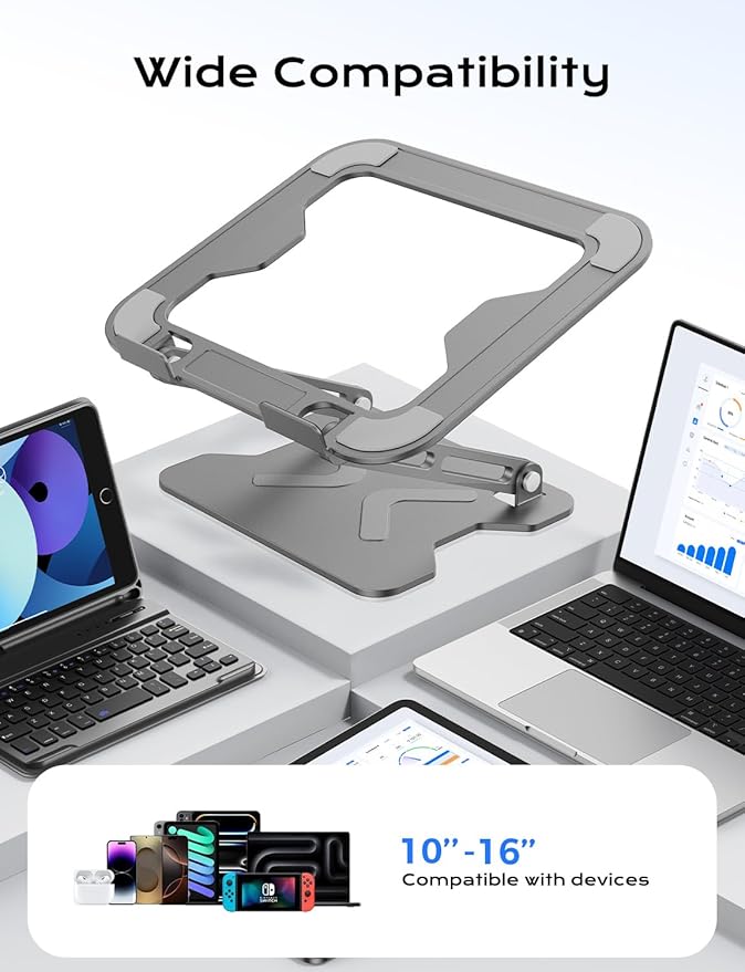 Foldable Laptop Stand for Desk, Adjustable Height Ergonomic Computer Stand, Portable Laptop Riser for MacBook Air Pro, All 10-16'' Notebooks Laptops, Grey