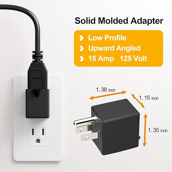 90 Degree Adapter Upward Angled, USA 3-Prong Male-Female Adapter, 90 Degree Angled USA Male Female Plug, 5-15P to 5-15R Direction Changer Space Save Plug Black PA-0170U