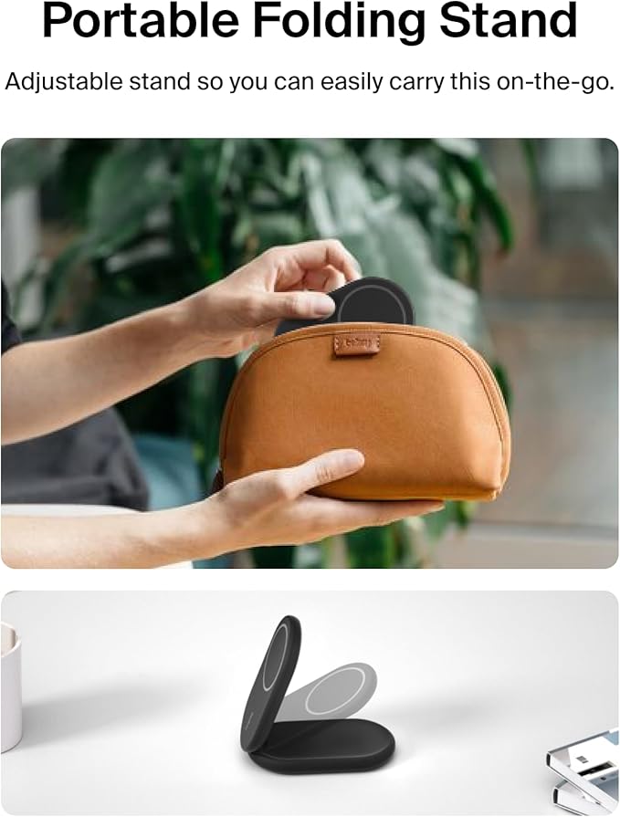 Belkin MagSafe-Compatible Charger, 2-in-1 Magnetic Foldable Charger 15W - Qi2-Certified Wireless Charging for Apple iPhone 16, Apple Watch, Samsung Galaxy S25 w/Non-Slip Base, PSU Included - Black