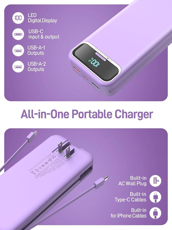 Portable Charger Power Bank with Built in Cables and AC Wall Plug,PD20W&SCP22.5W USB-C Super Fast Charging,20000mAh Travel Phone Charging,LED Display Battery Pack Compatible All iPhone Samsung etc