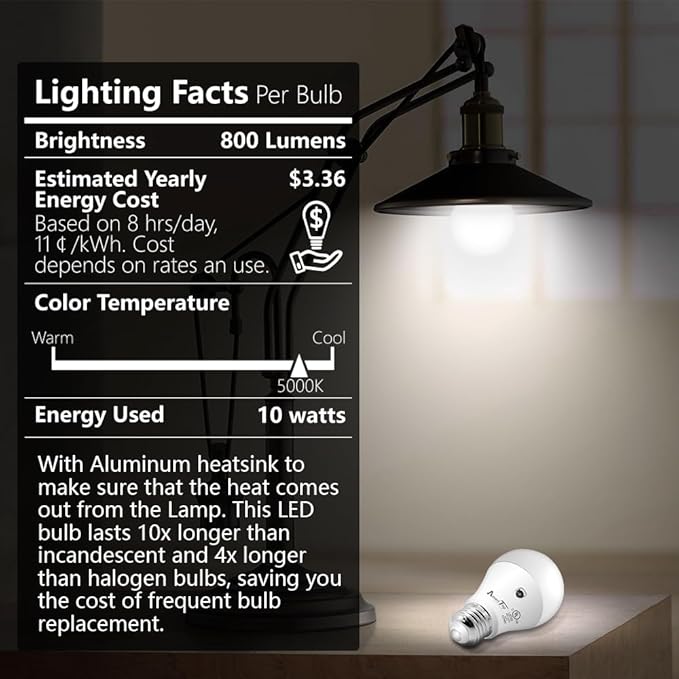 AmeriTop Dusk to Dawn Light Bulb- 2 Pack, A19 LED Sensor Light Bulbs; UL Listed, Automatic On/Off, 800 Lumen, 10W(60 Watt Equivalent), E26 Base, Indoor/Outdoor Lighting Bulb (5000K Daylight)
