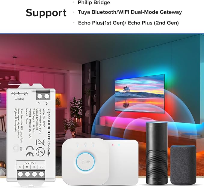 BTF-LIGHTING Tuya Zigbee 3.0 C03Z Controller Support RGB Color 4 pin (+V R G B) PWM LED Strip Bulb Compatible with Echo Plus/4th Gen Tuya Gateway DC5V/DC12V/DC24V Max 15A