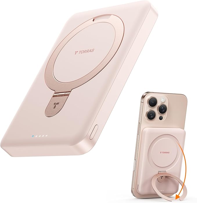 TORRAS 10000mAh Magnetic Portable Charger Power Bank for iPhone, Fast Charging Travel Essential Wireless Battery Pack OStand Compatible with Magsafe, i Phone 16 Pro Max,Pro,15,14,13,12, Rose Gold