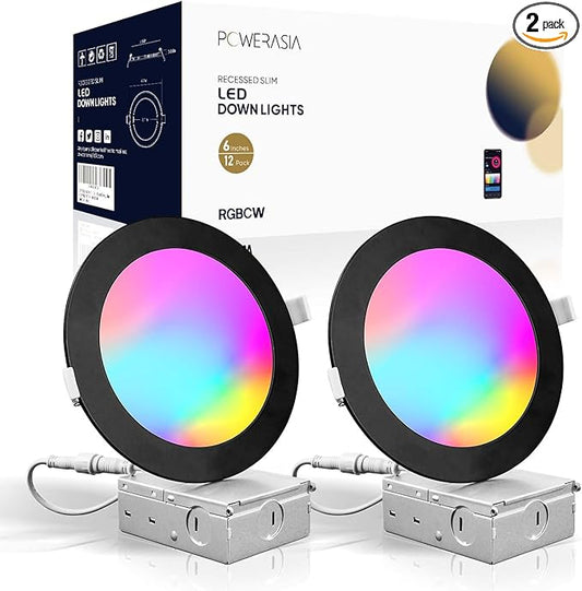 2 Pack Black Smart Recessed Lighting 6 Inch, Ultra-Thin 6 Inch LED Recessed Lights12W 1200LM Smart Downlight with Junction Box, Compatible with Alexa/Google Assistant and Siri - ETL and Energy Star