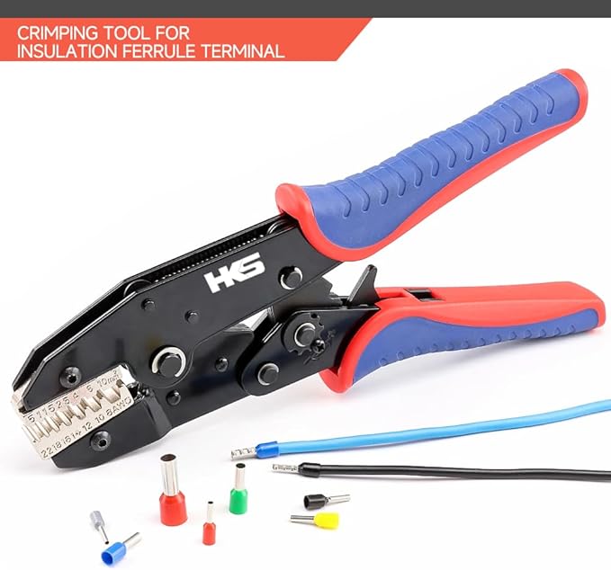 HKS Crimping Tool for Sleeves Ferrule Terminals & Pin Cord End- Ratcheting Wire Crimpers - AWG 22-8 (0.5-10mm²) - Ratchet Terminal Crimper - Electrical Crimping Tool