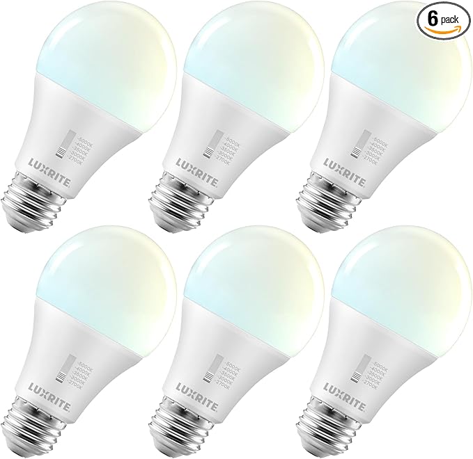 LUXRITE A19 LED Light Bulb 75 Watt Equivalent, CRI90, 5CCT Selectable 2700K 3000K 3500K 4000K 5000K, Dimmable, 1100LM, Standard LED Light Bulbs 11W, E26 Medium Base, ETL - Indoor Outdoor (6 Pack)