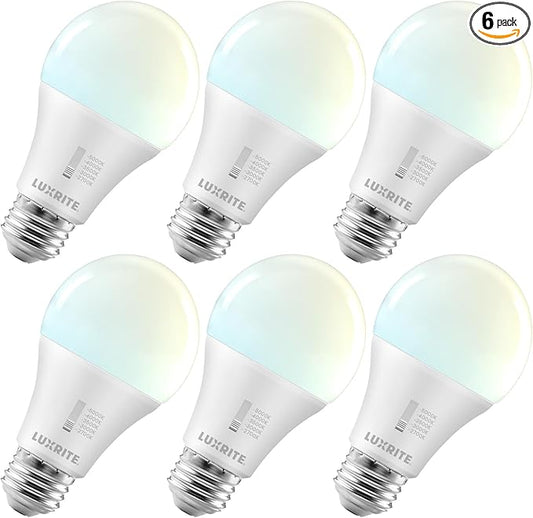 LUXRITE A19 LED Light Bulb 75 Watt Equivalent, CRI90, 5CCT Selectable 2700K 3000K 3500K 4000K 5000K, Dimmable, 1100LM, Standard LED Light Bulbs 11W, E26 Medium Base, ETL - Indoor Outdoor (6 Pack)