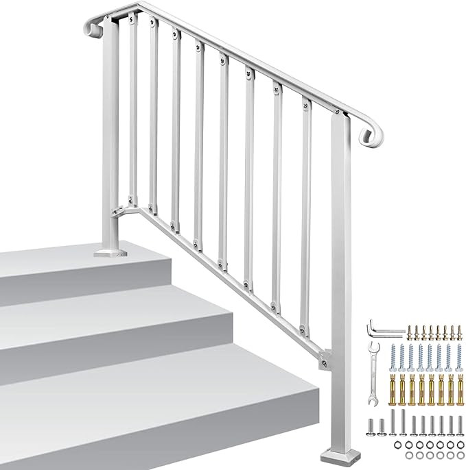 Adjustable Handrails for Outdoor Steps, Handrail Picket #3 Fits 3 or 4 Steps, Mattle Wrought Iron Handrail, Stair Rail with Installation Kit for Outdoor Steps,White