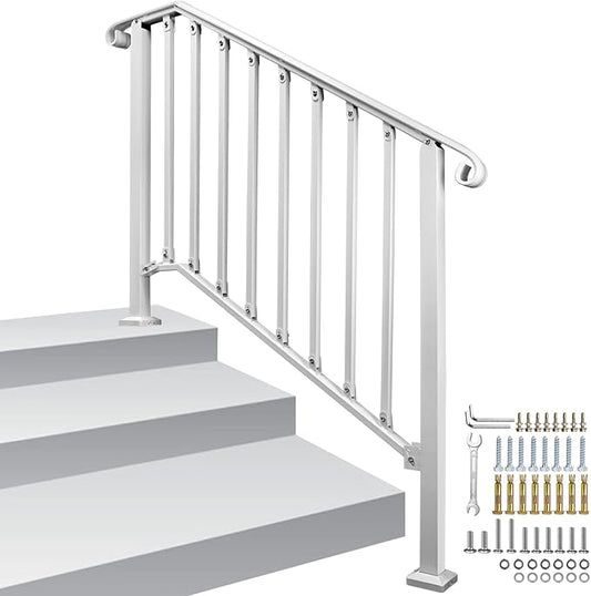 Adjustable Handrails for Outdoor Steps, Handrail Picket #3 Fits 3 or 4 Steps, Mattle Wrought Iron Handrail, Stair Rail with Installation Kit for Outdoor Steps,White