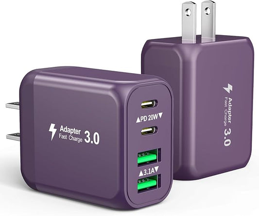 40W USB C Charger Block, 2-Pack 4-Port Fast Charging Block Power Adapter, Dual PD & QC Type-C Multiport Wall Charger for iPhone 16 15 14 13 12 11 Pro Max, Samsung, Tablets