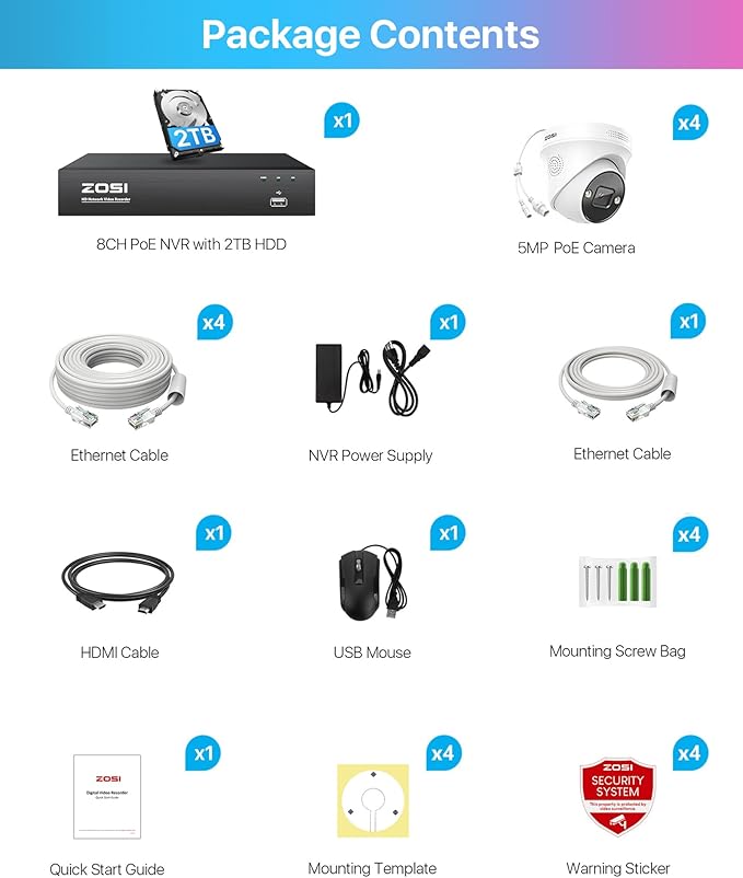 ZOSI 4K 8CH Spotlight PoE Security Camera System,4pcs 5MP Indoor Outdoor PoE IP Cameras with Person Vehicle Detection,Color Night Vision,8CH 8MP 4K NVR with 2TB HDD for 24/7 Recording,No Monthly Fee