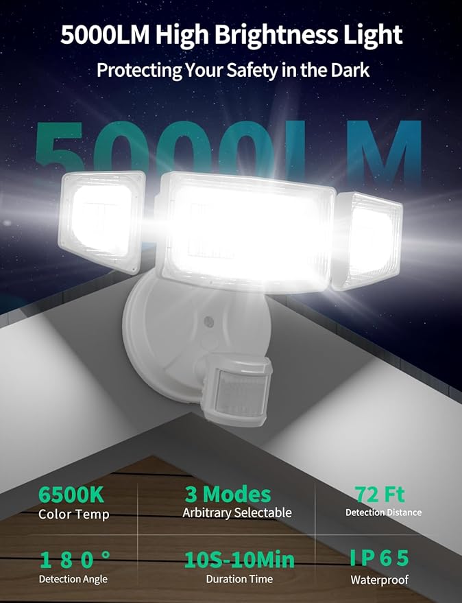 iMaihom 50W Motion Sensor Outdoor Lights, 5000LM Hardwired Motion Sensor Flood Light, Dusk to Dawn Outdoor Lighting, 6500K LED Security Light, IP65 Waterproof Motion Detector Lights for Outside, White